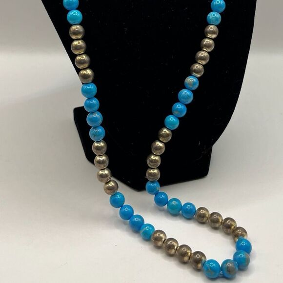 Kingman Turquoise and Sterling Silver Beaded Necklace - Picture 3 of 7
